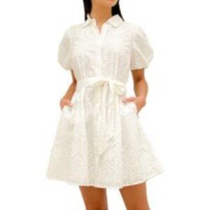 NWT Sam Edelman Puff Sleeve Eyelet Shirtdress XS White Floral Tie Belt